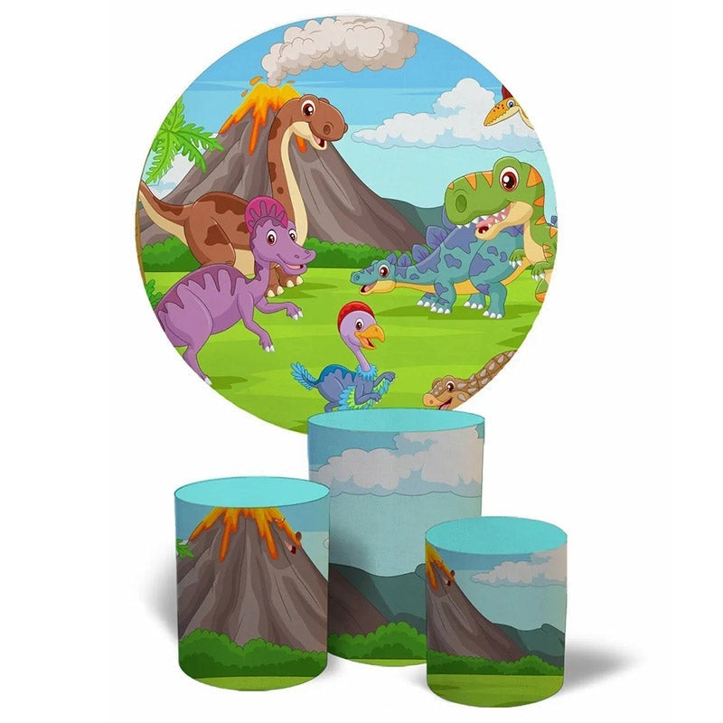 Aperturee Cute Cartoon Dinosaur Round Birthday Backdrop Kit For Boy