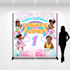 Aperturee - Cute Cartoon Girl Crayon Custom 1st Birthday Backdrop