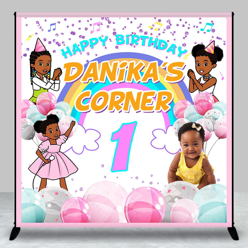 Aperturee - Cute Cartoon Girl Crayon Custom 1st Birthday Backdrop