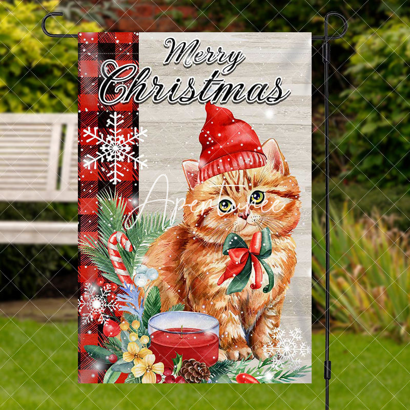 Aperturee - Cute Cat Green Leaf Snow Merry Christmas Garden Flag