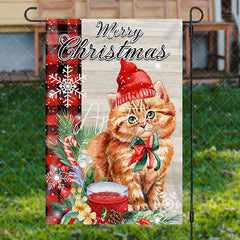 Aperturee - Cute Cat Green Leaf Snow Merry Christmas Garden Flag