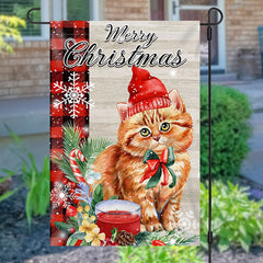 Aperturee - Cute Cat Green Leaf Snow Merry Christmas Garden Flag