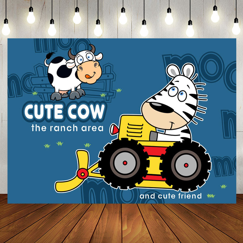 Aperturee - Cute Cow Ranch Area Friend Bulldozer Birthday Backdrop