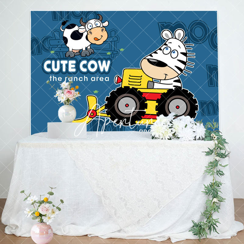 Aperturee - Cute Cow Ranch Area Friend Bulldozer Birthday Backdrop