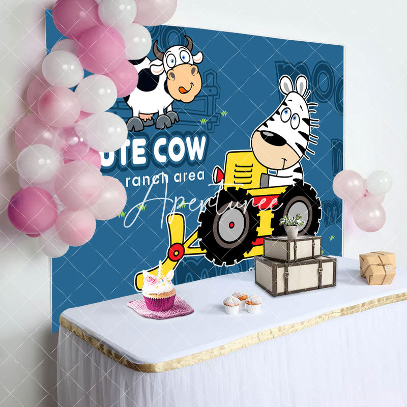 Aperturee - Cute Cow Ranch Area Friend Bulldozer Birthday Backdrop