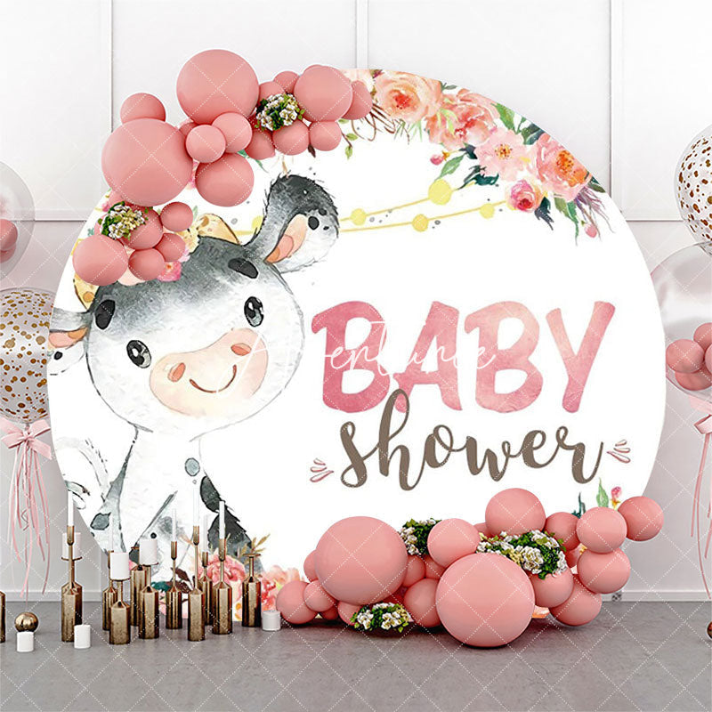 Aperturee - Cute Dairy Cow Flowers Circle Baby Shower Backdrop