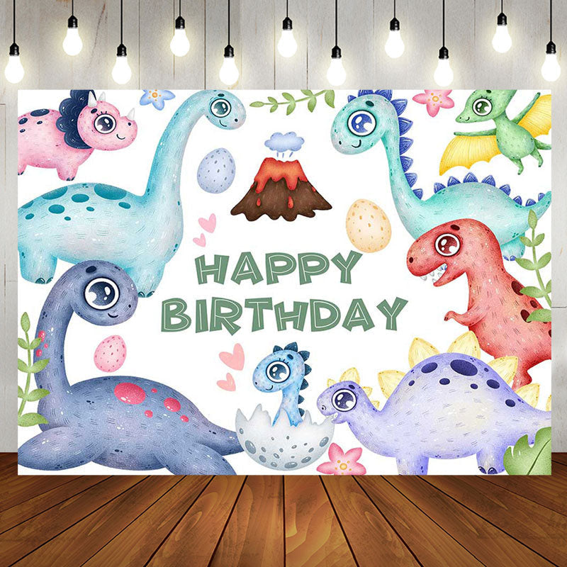 Aperturee - Cute Dinosaurs And Eggs Happy Birthday Backdrop