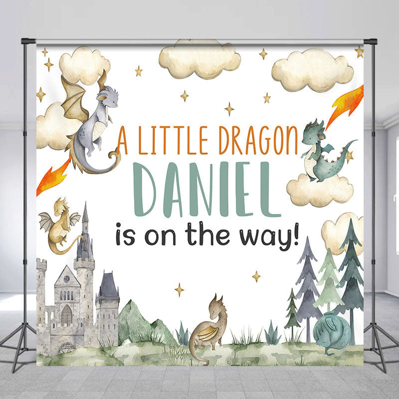 Aperturee - Cute Dragons Castle Tree Custom Baby Shower Backdrop