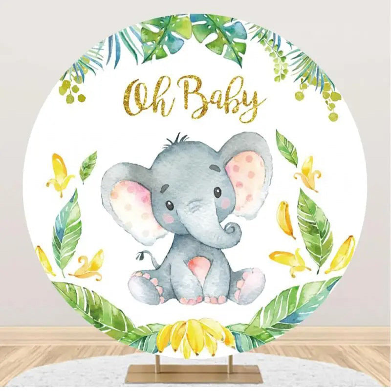 Aperturee - Cute Elephant Green Leaf Round Baby Shower Backdrop