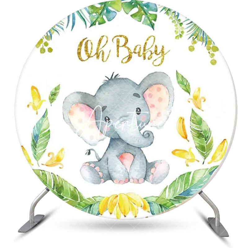 Aperturee - Cute Elephant Green Leaf Round Baby Shower Backdrop