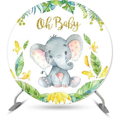 Aperturee - Cute Elephant Green Leaf Round Baby Shower Backdrop