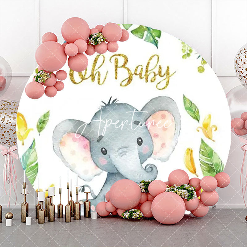 Aperturee - Cute Elephant Green Leaf Round Baby Shower Backdrop