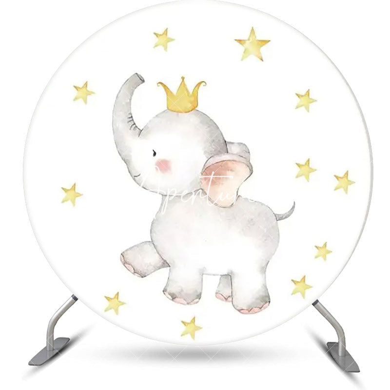 Aperturee - Cute Elephant Star Crown Round Baby Shower Backdrop