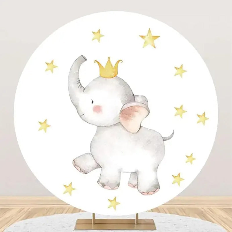 Aperturee - Cute Elephant Star Crown Round Baby Shower Backdrop