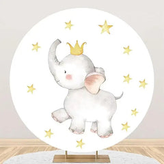 Aperturee - Cute Elephant Star Crown Round Baby Shower Backdrop