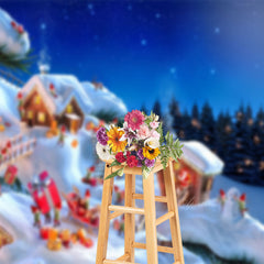 Aperturee - Cute Elf Snowy House Forest Night Christmas Backdrop