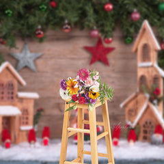 Aperturee - Cute Elves Plank Green Leaves Stars Christmas Backdrop