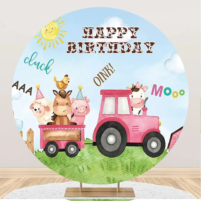 Aperturee - Cute Farm Animal Truck Round Round Birthday Backdrop