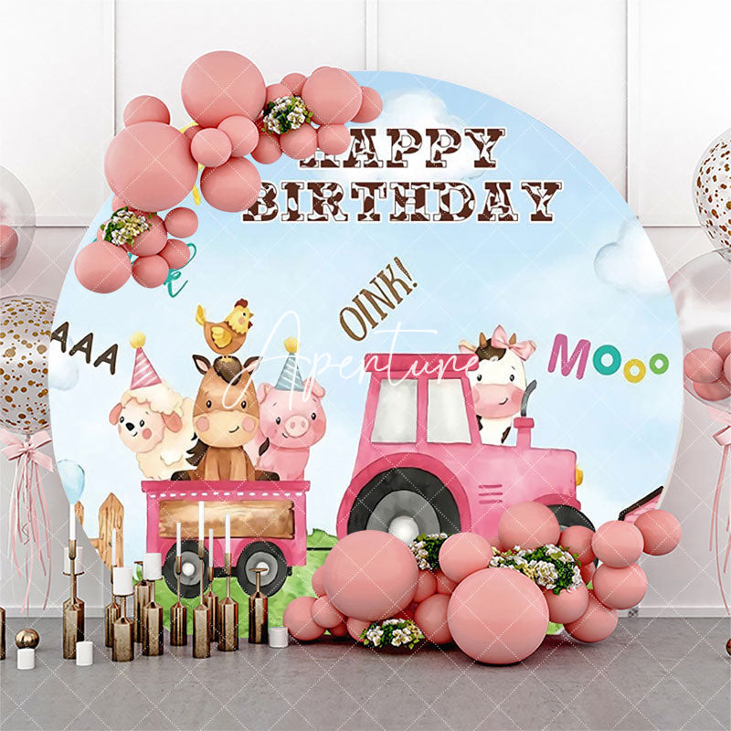 Aperturee - Cute Farm Animal Truck Round Round Birthday Backdrop