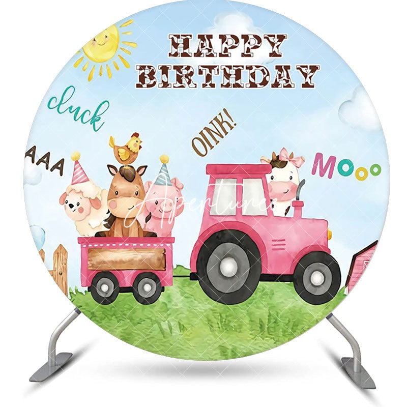 Aperturee - Cute Farm Animal Truck Round Round Birthday Backdrop