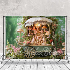 Aperturee - Cute Floral Mushroom Green Cart Backdrop For Photo