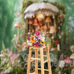 Aperturee - Cute Floral Mushroom Green Cart Backdrop For Photo