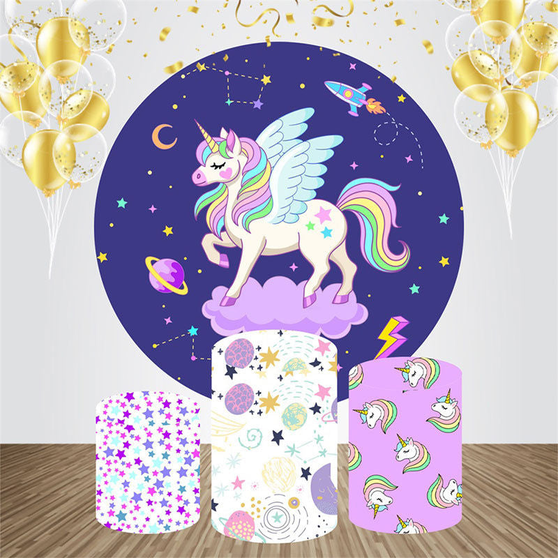 Aperturee - Cute Galaxy Wing Unicorn Round Birthday Backdrop Kit