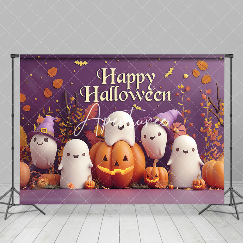 Aperturee - Cute Ghosts Pumpkins Leaves Happy Halloween Backdrop