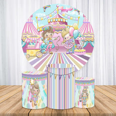 Aperturee Cute Girls And Balloons Round Circus Birthday Backdrop Kit