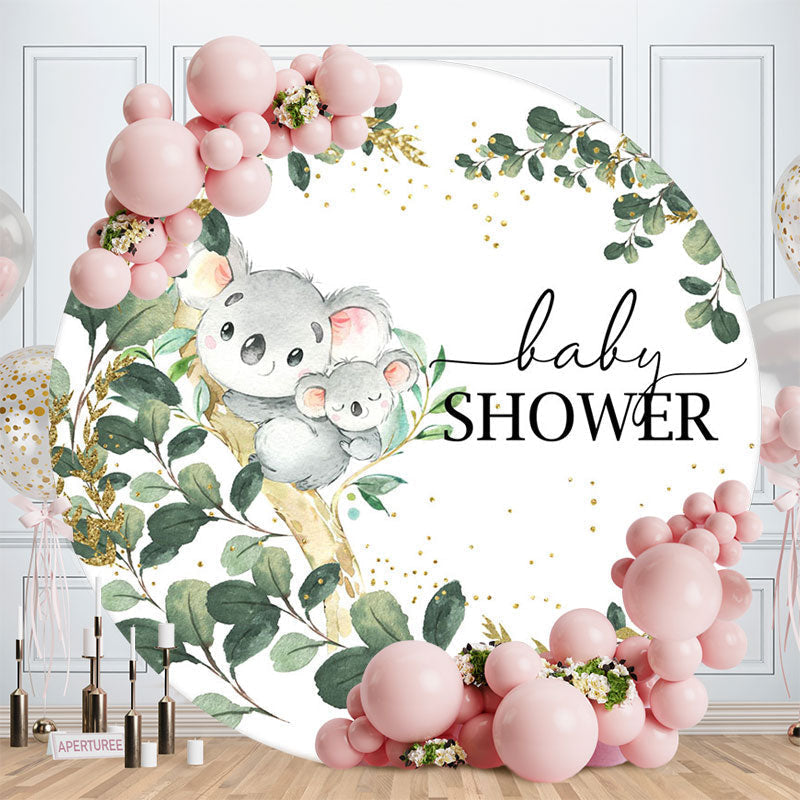 Aperturee - Cute Koala Green Leaves Round Baby Shower Backdrop