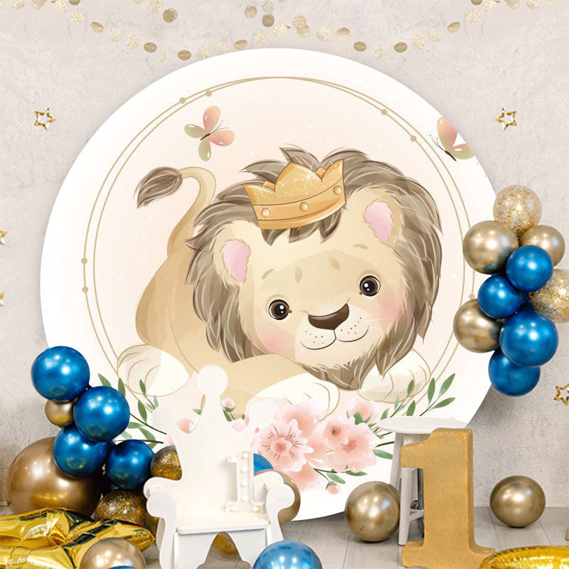 Aperturee - Cute Lion And Floral Round Baby Shower Backdrop