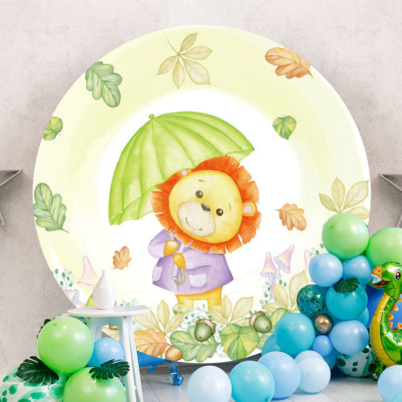 Aperturee - Cute Lion And Leaves Round Baby Shower Backdorp