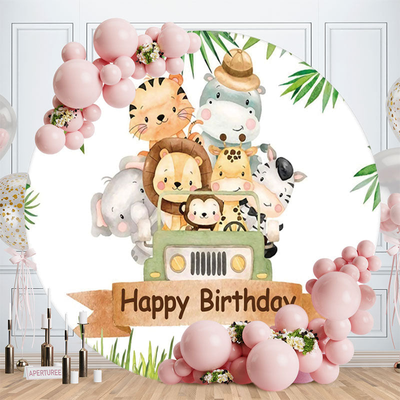 Aperturee - Cute Little Animals And Car Round Birthday Backdrop