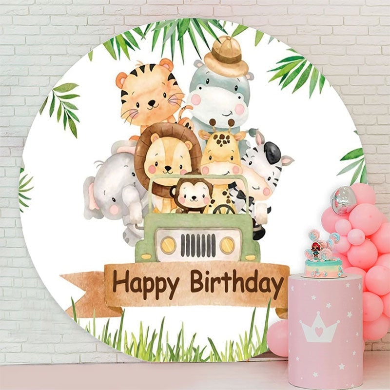 Aperturee - Cute Little Animals And Car Round Birthday Backdrop