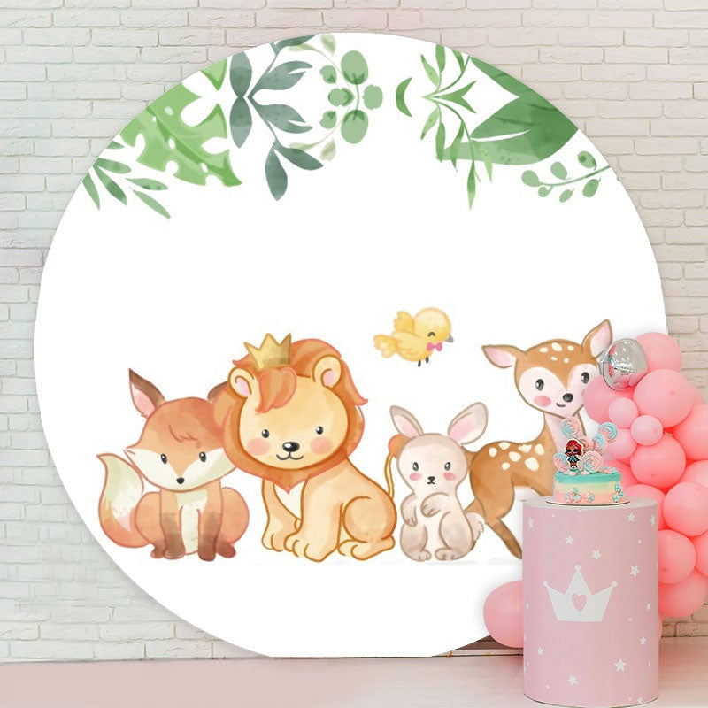 Aperturee - Cute Little Animals And Leaves Round Baby Shower Backdrop