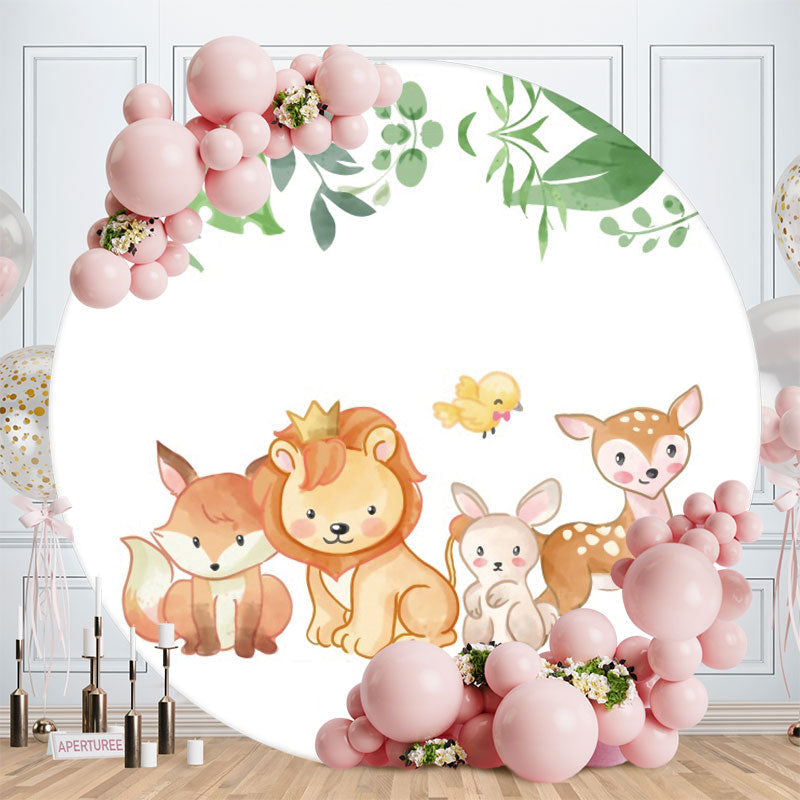 Aperturee - Cute Little Animals And Leaves Round Baby Shower Backdrop