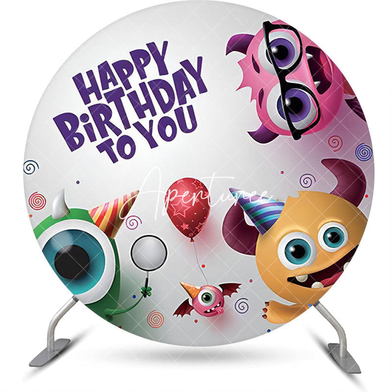 Aperturee - Cute Monster Balloon White Round Birthday Backdrop