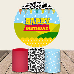 Aperturee Cute Pattern Green Hill Happy Birthday Round Backdrop Kit