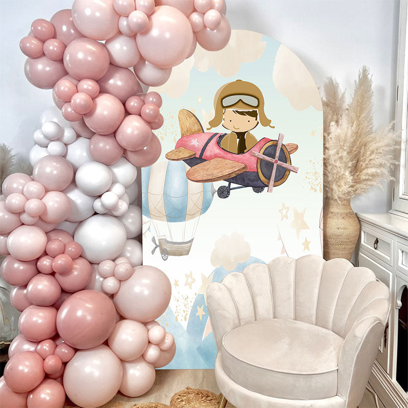 Aperturee - Cute Pilot Boy Birthday Double Sided Arch Backdrop