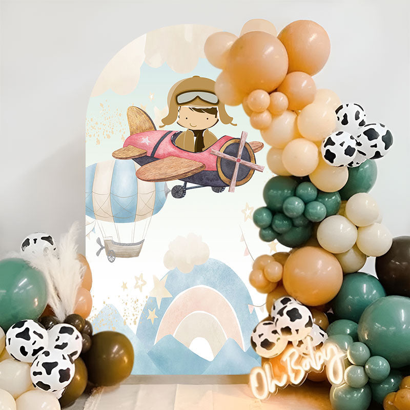 Aperturee - Cute Pilot Boy Birthday Double Sided Arch Backdrop