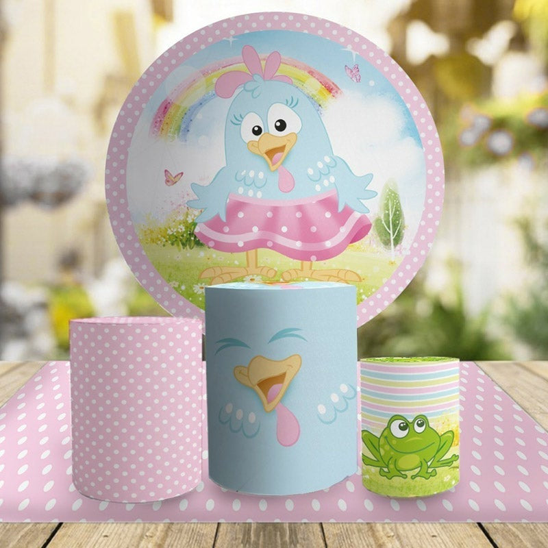 Aperturee Cute Pink Blue Bird Round Happy Birthday Backdrop Kit