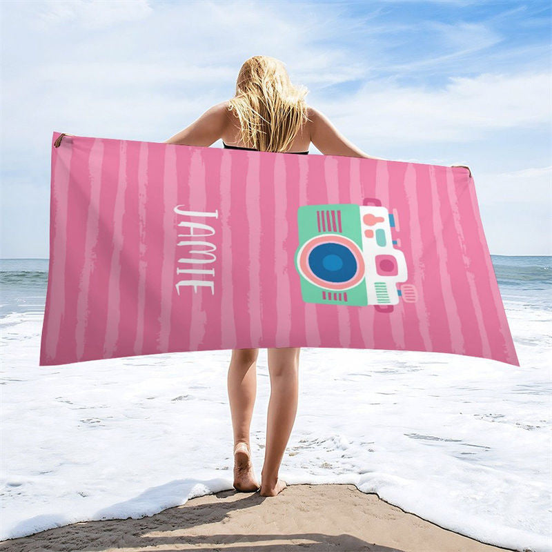 Aperturee - Cute Pink Camera Custom Name Beach Towel For Girls