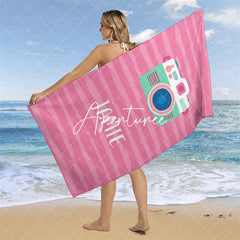 Aperturee - Cute Pink Camera Custom Name Beach Towel For Girls