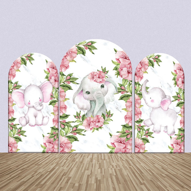 Aperturee - Cute Pink Elephant Floral Leaves Arch Backdrop Kit