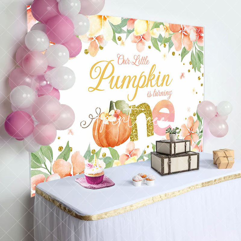 Aperturee - Cute Pumpkin Is Turning One Floral Birthday Backdrop