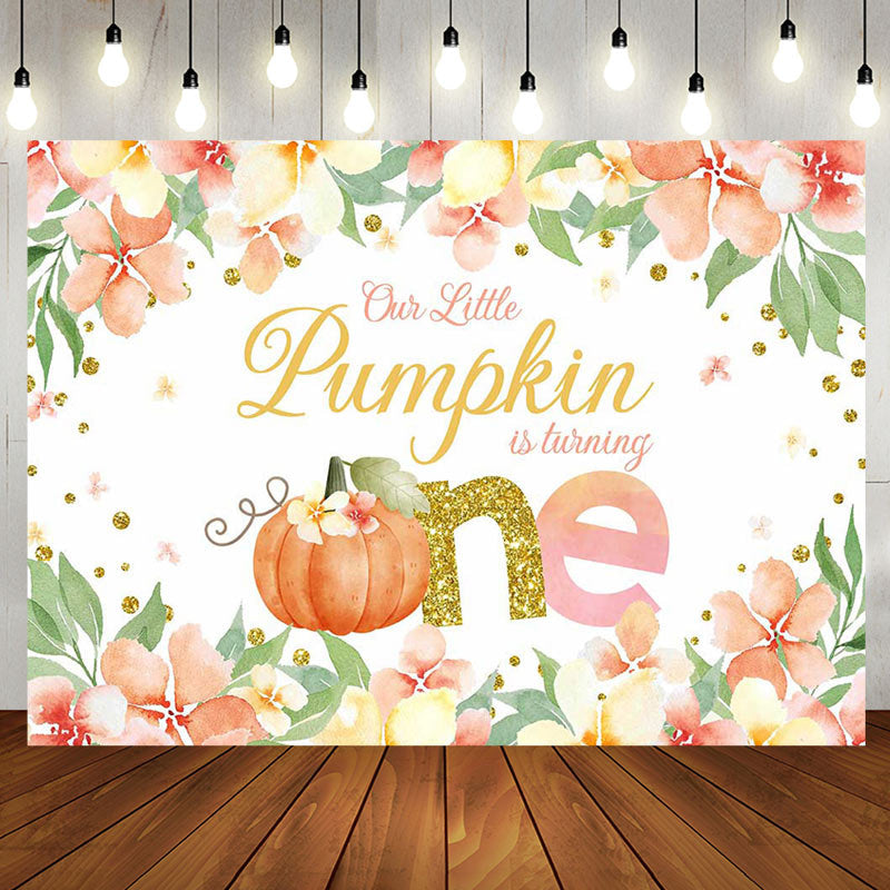 Aperturee - Cute Pumpkin Is Turning One Floral Birthday Backdrop