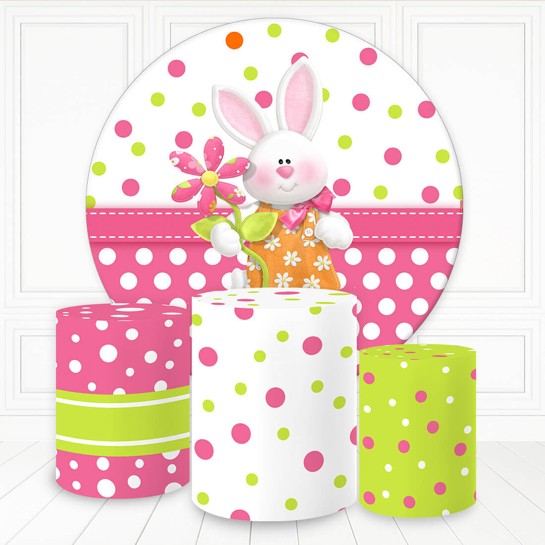 Aperturee Cute Rabbit With Flower Dots Party Round Backdrop Kit