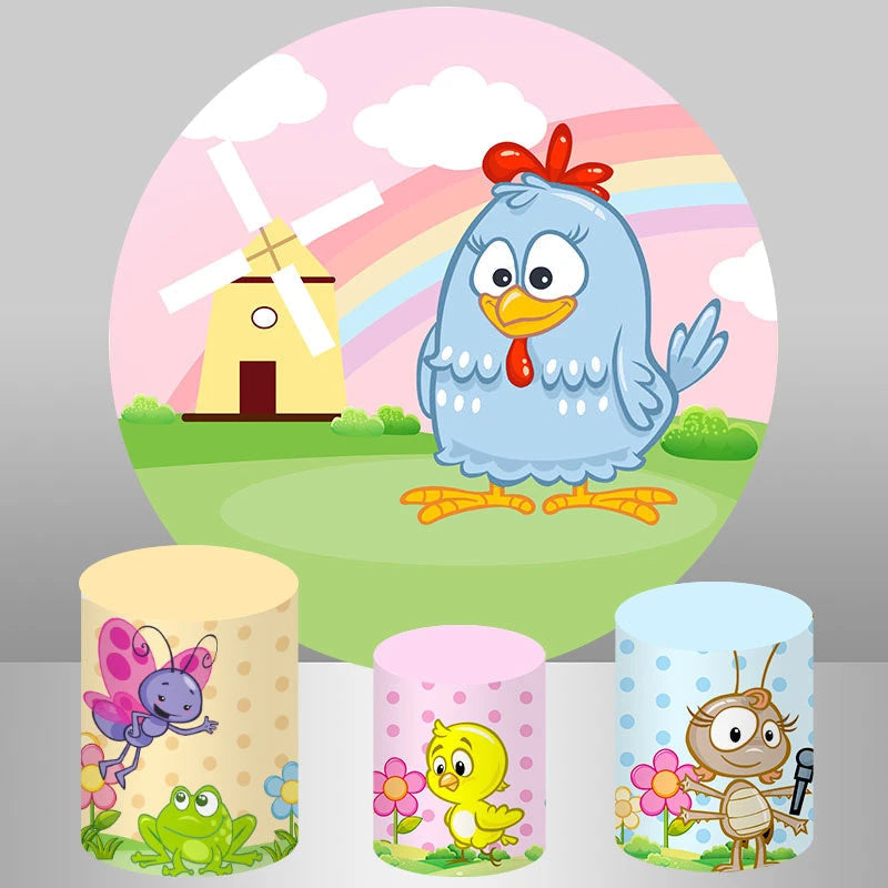 Aperturee Cute Rainbow Windmill Animal Round Birthday Backdrop Kit