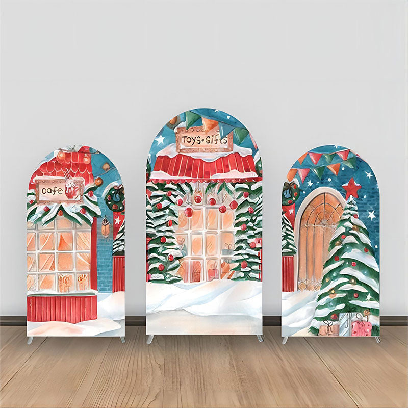 Aperturee - Cute Red Shop Green Tree Christmas Arch Backdrop Kit