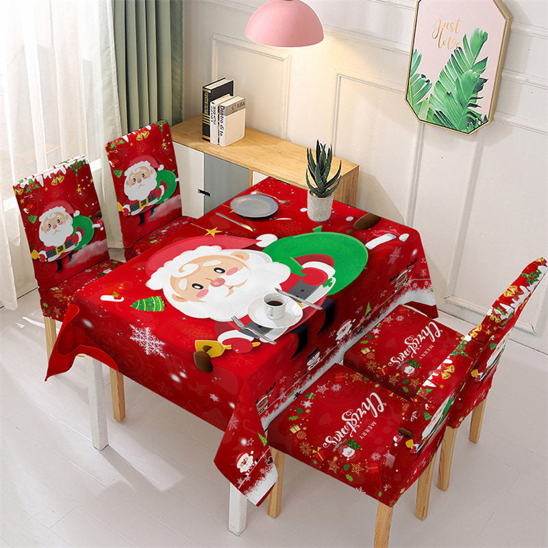 Aperturee - Cute Santa Red Christmas Tablecloth Chair Cover Set